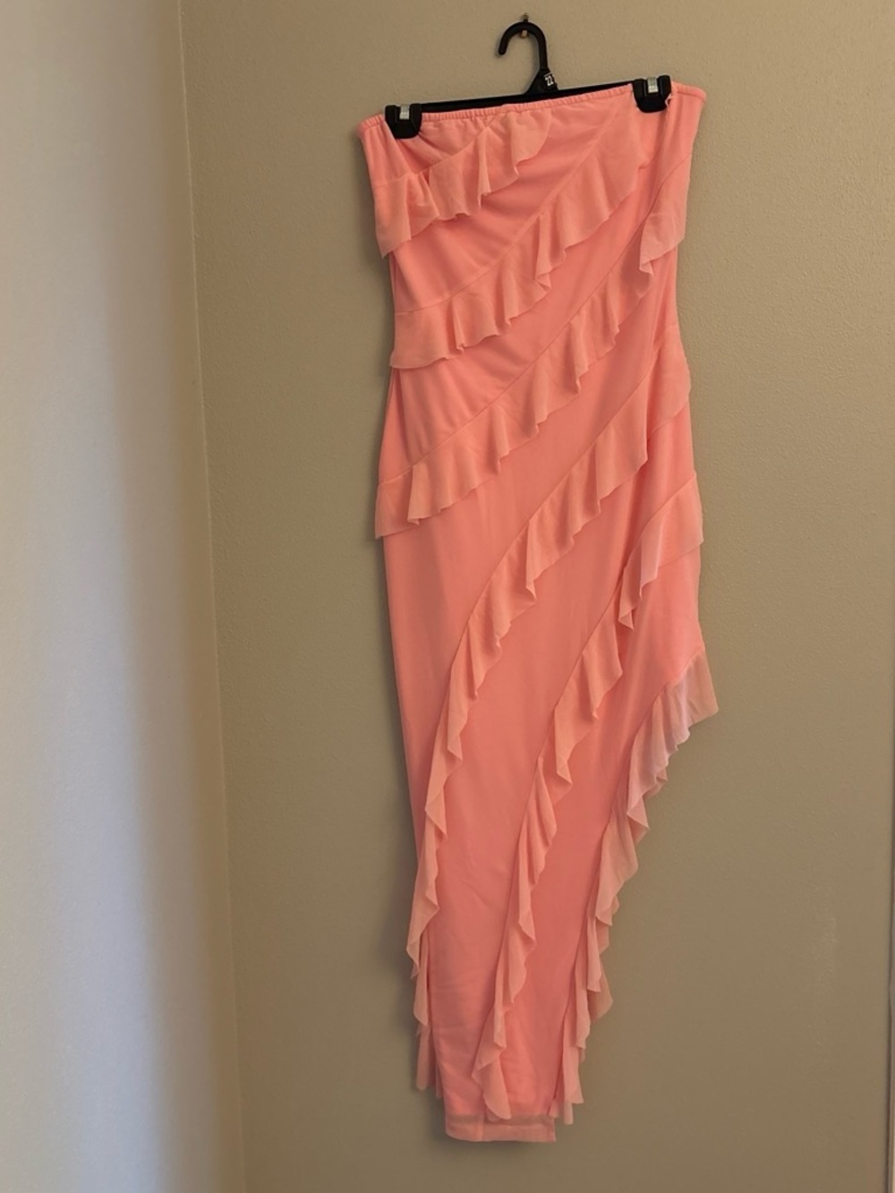 Asymmetrical Ruffle Strapless Dress in Coral Pink